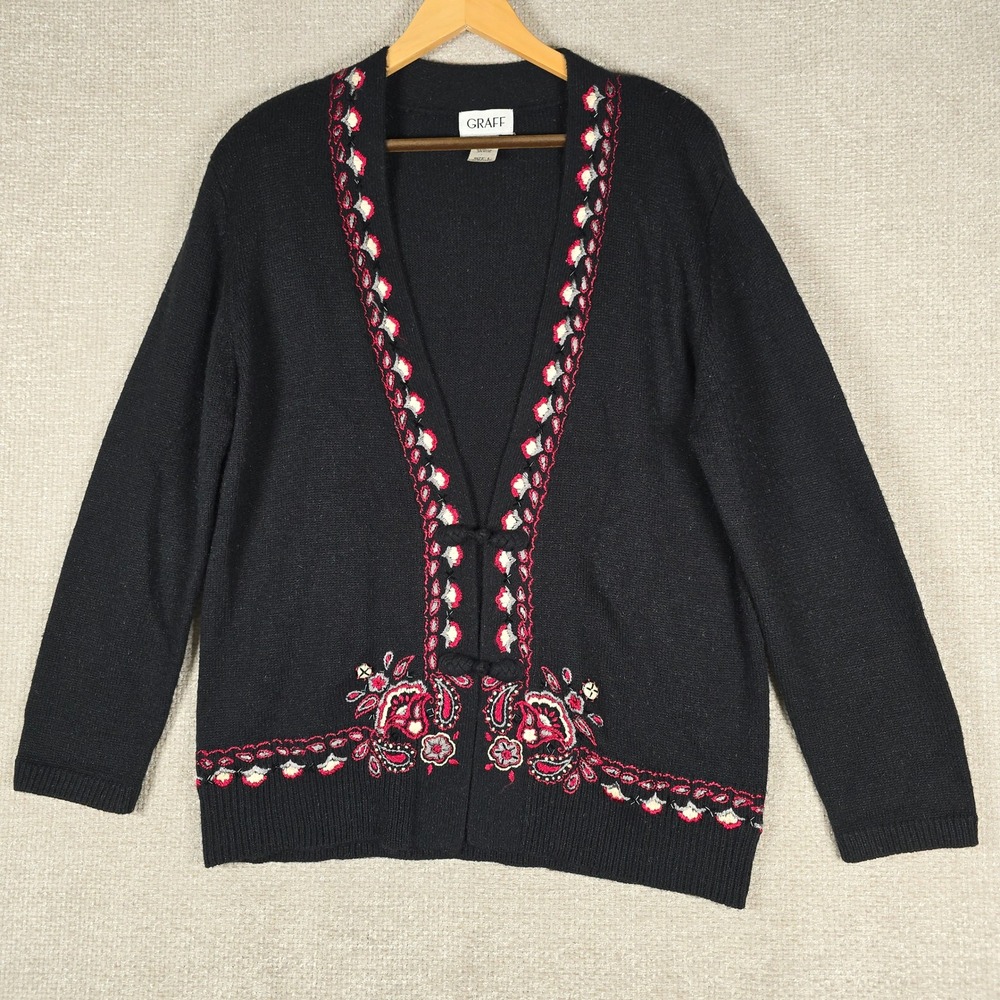 Graff Vintage Black Floral Beaded Embroidered Toggle Cardigan Sweater 10306 L